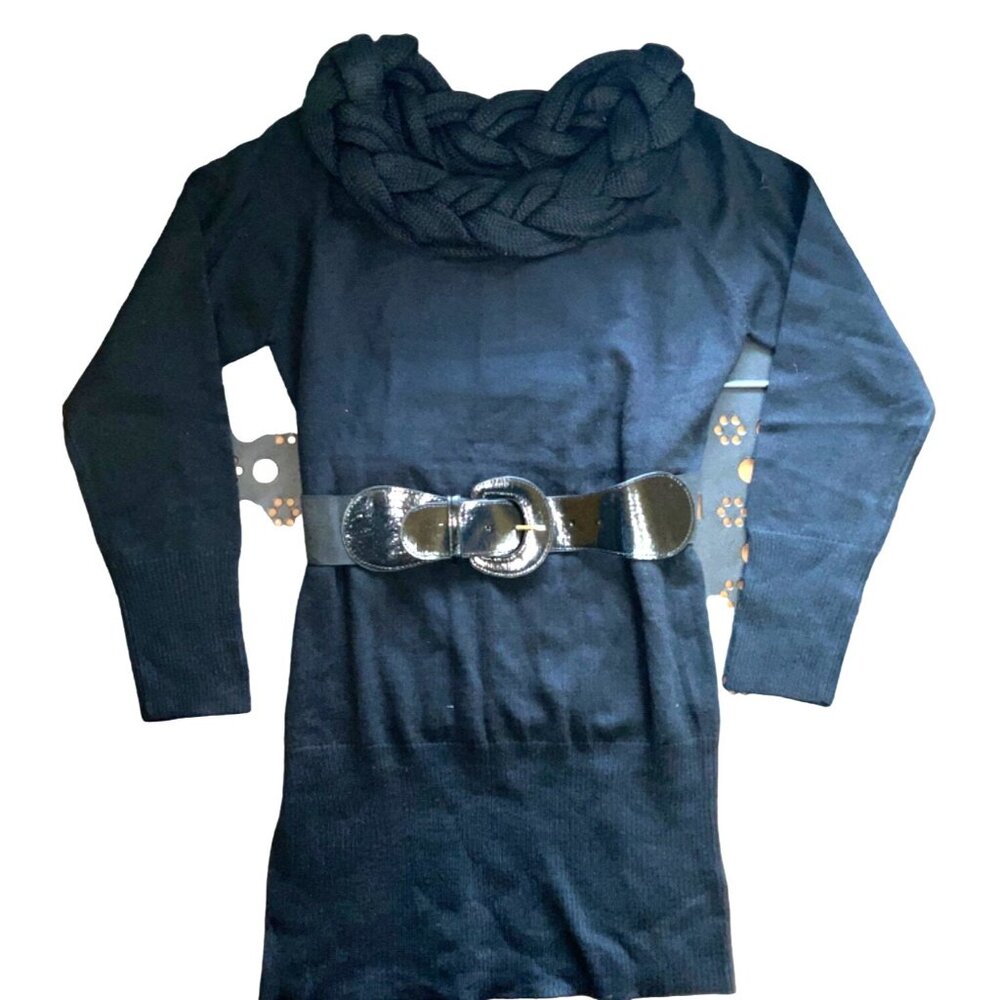 Black Long-Sleeve Sweater Dress With Belt Womens Size M Acrylic & Polyester Blen